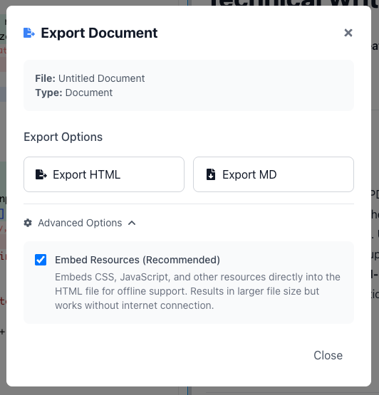 Export options for various formats